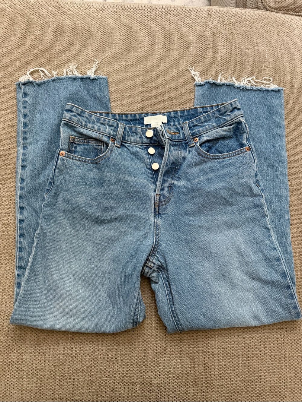 H&M Light Blue High-Rise Button-Fly Jeans with Frayed Hem